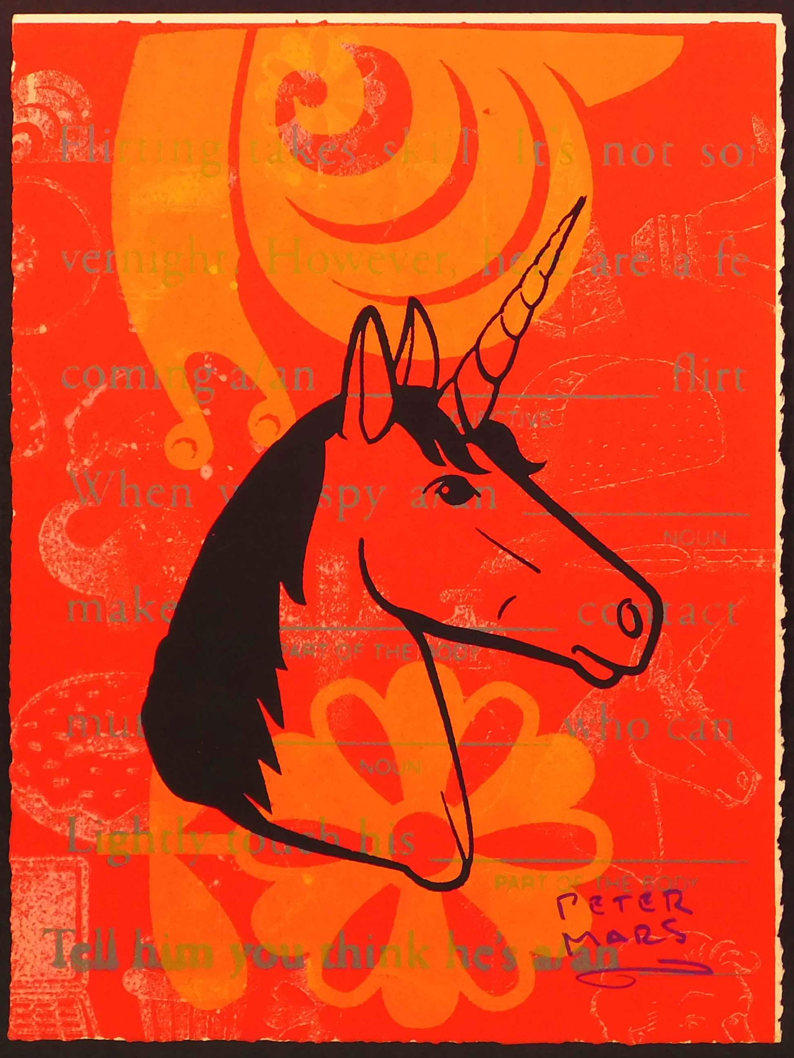 Peter Mars: Unicorn: Peter Mars (American, b 1959): Unicorn. Hand-signed Original hand-pulled serigraph/silkscreen on archival paper, signed lower right. Verso titled and numbered in pencil, and counter-stamped. Inspired