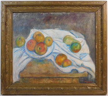 Paul Cezanne, Manner of: Apples and Oranges: Paul Cezanne (French, 1839-1906) Manner of: Apples and Oranges.Oil on canvas. Signed lower right. Framed. Paul Cezanne was a pioneer of the Post-Impressionist movement and a catalyst for the