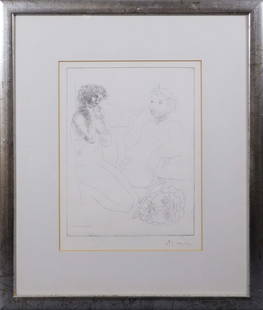 After Pablo Picasso : Sculpteur, Modele Accroupi et Tete Sculptee: Pablo Picasso (Spanish, 1881-1973) : Sculpteur, Modele Accroupi. Etching on paper, signed in pen and ink lower right, framed. Picasso was the most dominant and influential artist of the first half