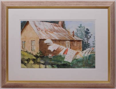 Angelina Wood: Wash Day: Angelina Wood (American, 1930-2003): Wash Day. Watercolor on cold pressed paper, signed lower right, professionally matted and framed. Angelina was a well known regional artist in Southern