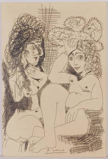 Pablo Picasso, Attributed: Deux Nues: Pablo Picasso (Spanish, 1881-1973) Manner of/ Attributed: Deux Nues. Pencil on heavy paper, signed and date () . Unframed. The drawing offered comprises part of the "Pacific Palisades Collection"; so