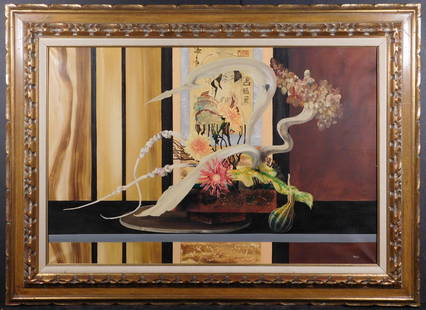 Gyorgy Korga: Still Life: Gyorgi (George) Korga (1935-2002, Hungary): Still Life. Large oil painting on canvas with Asian imagery. Signed lower right, framed with gallery label verso. 33 x 45 inches framed; 24 x 36 inches