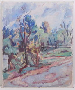 Richard H. Bassett: Impressionist Massachusetts Landscape: Richard H. Bassett (American, 1900-1995): Impressionist Massachusetts Landscape. Oil on academy board, unsigned. Verso is stamped with the artist's estate stamp. American impressionist Richard H.