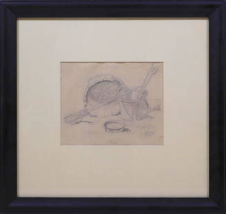 Maynard Dixon, Attributed : Basket and Broom: Maynard Dixon, Attributed (American, 1875-1946): Basket and Broom. Pencil on paper, marked with the artist's initials below, framed. Notes from possible previous sales on the back of the frame.. 