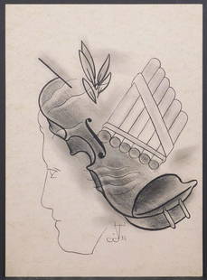Lebeda: Muse: Lebeda (Czech, 20th Century): Muse. This charcoal and ink fantasy drawing on bond paper effortlessly captures the Art Deco spirit of the 1930s. Signed with the artist's stylized 'signature' as a