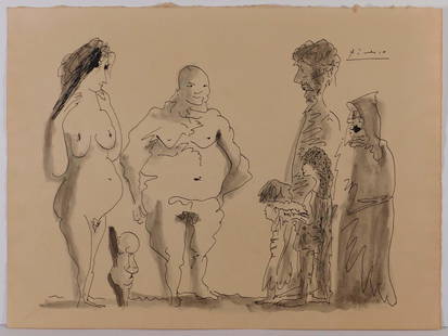 Pablo Picasso, Attributed: Deux Familles: Pablo Picasso (Spanish, 1881-1973) Manner of/ Attributed: Deux Familles. Pen and ink wash on heavy paper, signed upper right in pen. Unframed. The drawing offered comprises part of the "Pacific