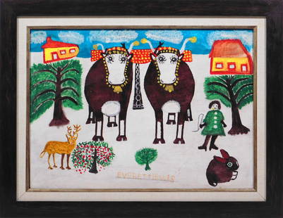 Everett Lewis: Oxen: Everett Lewis (Canadian, 1893 - 1979) : Oxen. Enamel on wood panel, signed and framed. This item is accompanied by documents of correspondence between the previous owner and Maud Lewis expert Alan