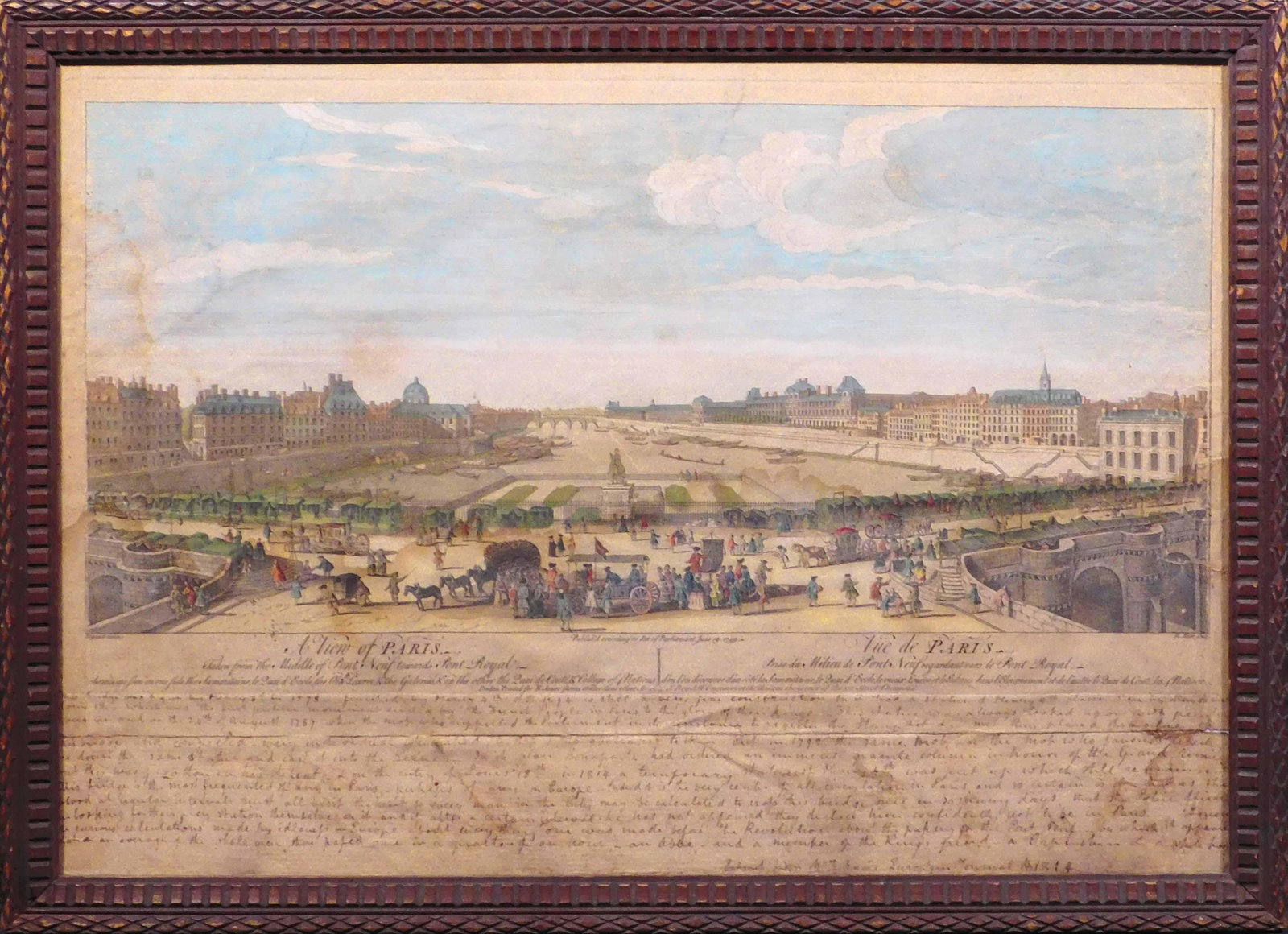 A View of Paris from the Pont Neuf: A View of Paris from the Pont Neuf. From an engraving dated 1749 by Remigius Parr after a work by Jacques Rigaud. Below is a hand written history of the area from an extract from and 1814 European Jou