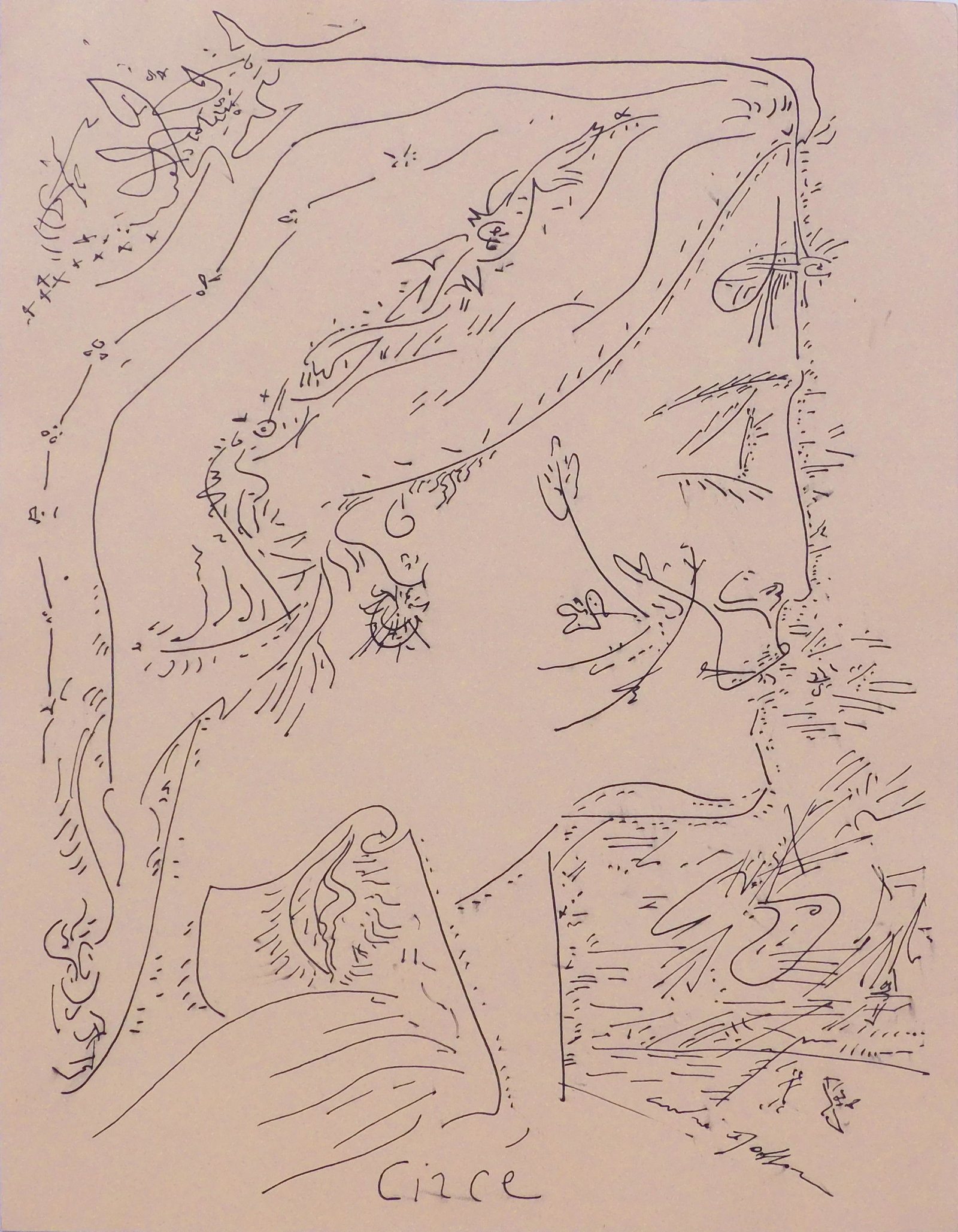 Andre Masson, Manner of/ Attributed: Circe: Andre Masson (French, 1896-1981) Manner of/ Attributed: Circe . Hand drawn pen and ink on paper. Signed. Unframed. Andre Masson was a French cubist and surrealist painter who was one of the pioneering