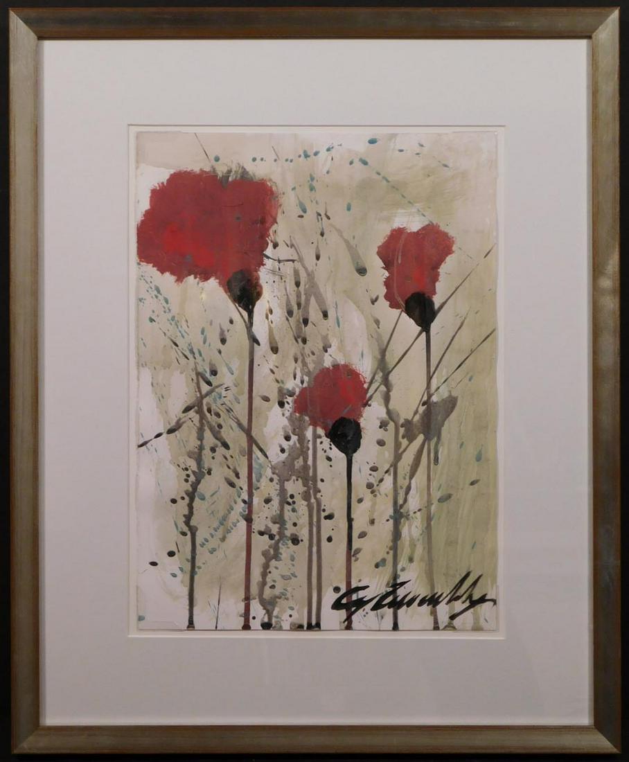 Cy Twombly, Attributed: Carnations: Cy Twombly (American, 1928-2011) attributed: oil and watercolor on paper, signed bottom right, framed. Cy Twombly was an American painter, sculptor and photographer. Twombly chose to live in Rome for 