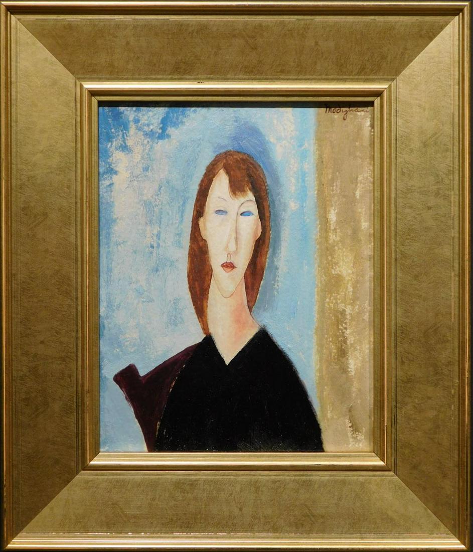 Amedeo Modigliani, Manner of: Portrait of a Woman with Blue Eyes: Amedeo Modigliani (Italian, 1884-1920) Manner of: Portrait of a Woman with Blue Eyes. Oil on canvas, framed, signed upper right. Verso is signed again in pencil and stamped "Duret." Amedeo Modigliani