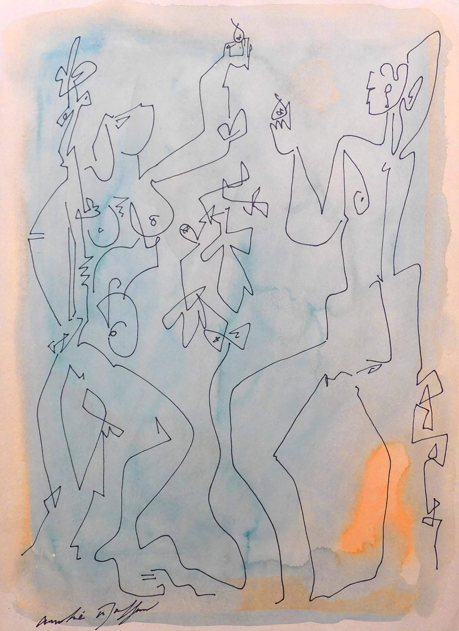 Andre Masson, Attributed: A Woman and a Man: Andre Masson (French, 1896-1981) Attributed: A Woman and a Man, ca 1960's. Hand drawn pen and ink with watercolor on paper, signed below, unframed. Andre Masson was a French cubist and surrealist pain