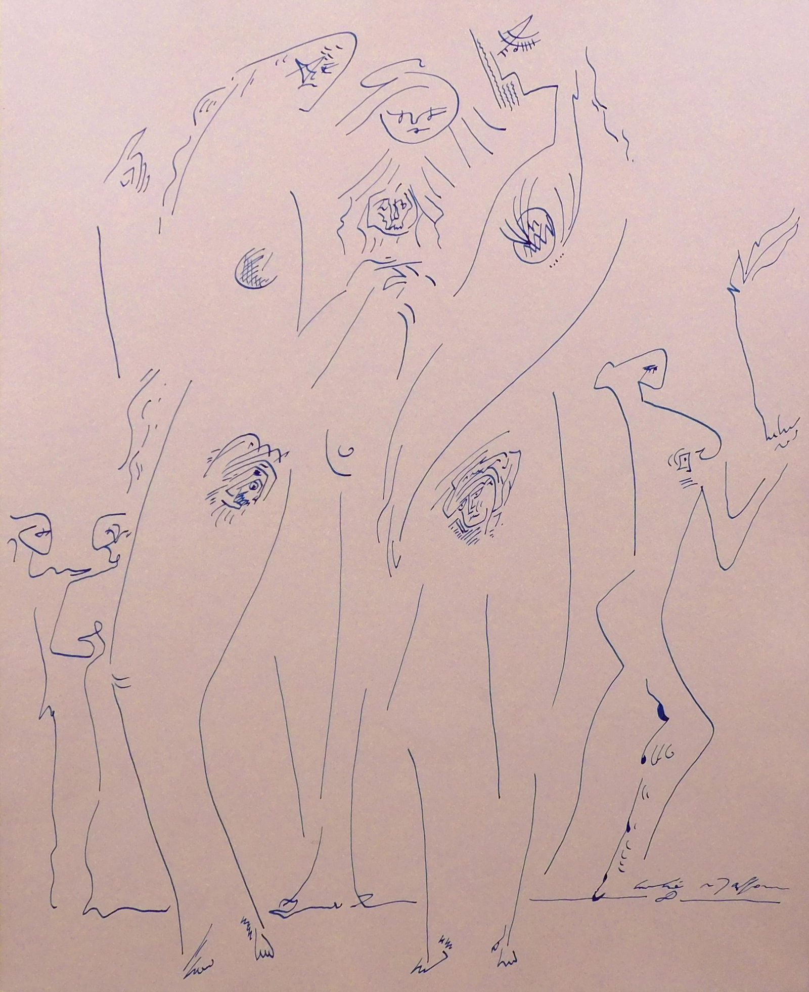 Andre Masson, Attributed: Three Female Figures: Andre Masson (French, 1896-1981) Attributed: Three Female Figures, ca 1960's. Hand drawn pen and ink on paper, signed below, unframed. Andre Masson was a French cubist and surrealist painter who was o