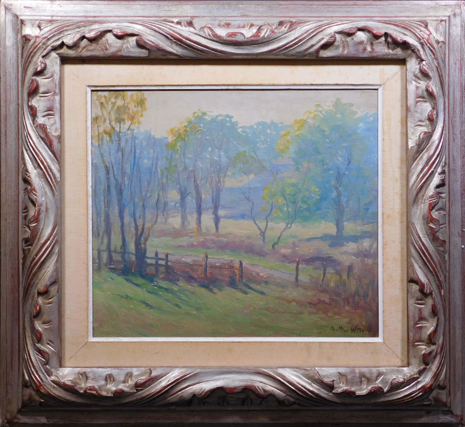 Arthur Wesley Dow: Misty Landscape: Arthur Wesley Dow (American, 1857 - 1922): Misty Landscape. Oil on canvas mounted to board, signed lower right, framed. Born in Ipswich, Massachusetts, Arthur Dow was a painter and printmaker whose te