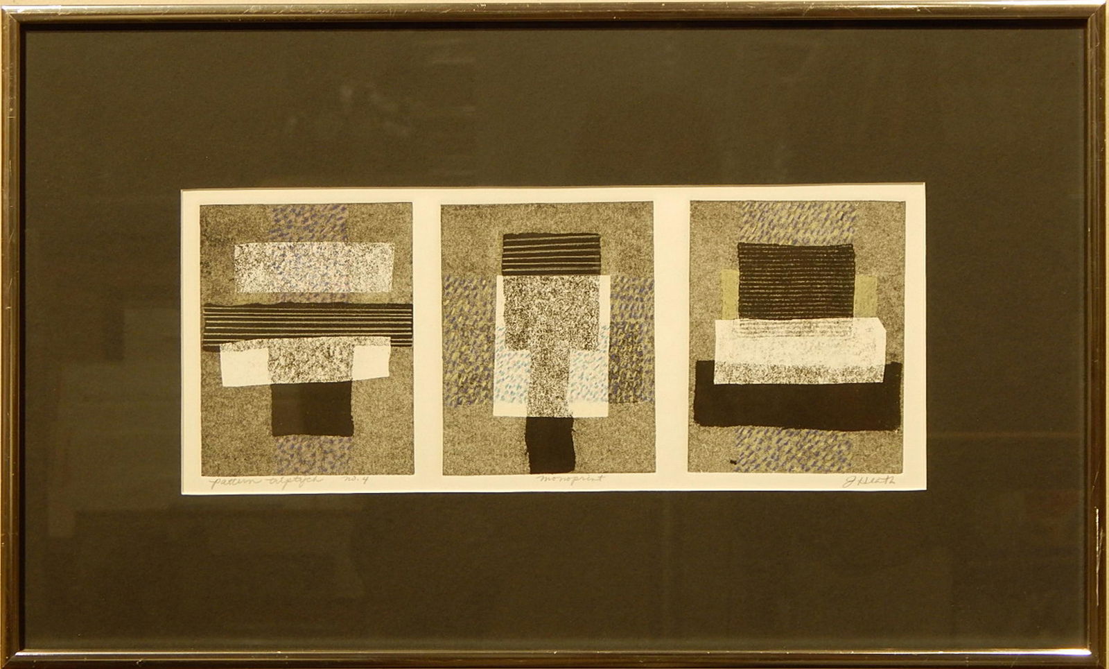 J. Heath: Pattern Try: Pattern Triptych No.4, Monoprint on paper, titled and signed bottom edge, framed. 12 x 20 inches framed.