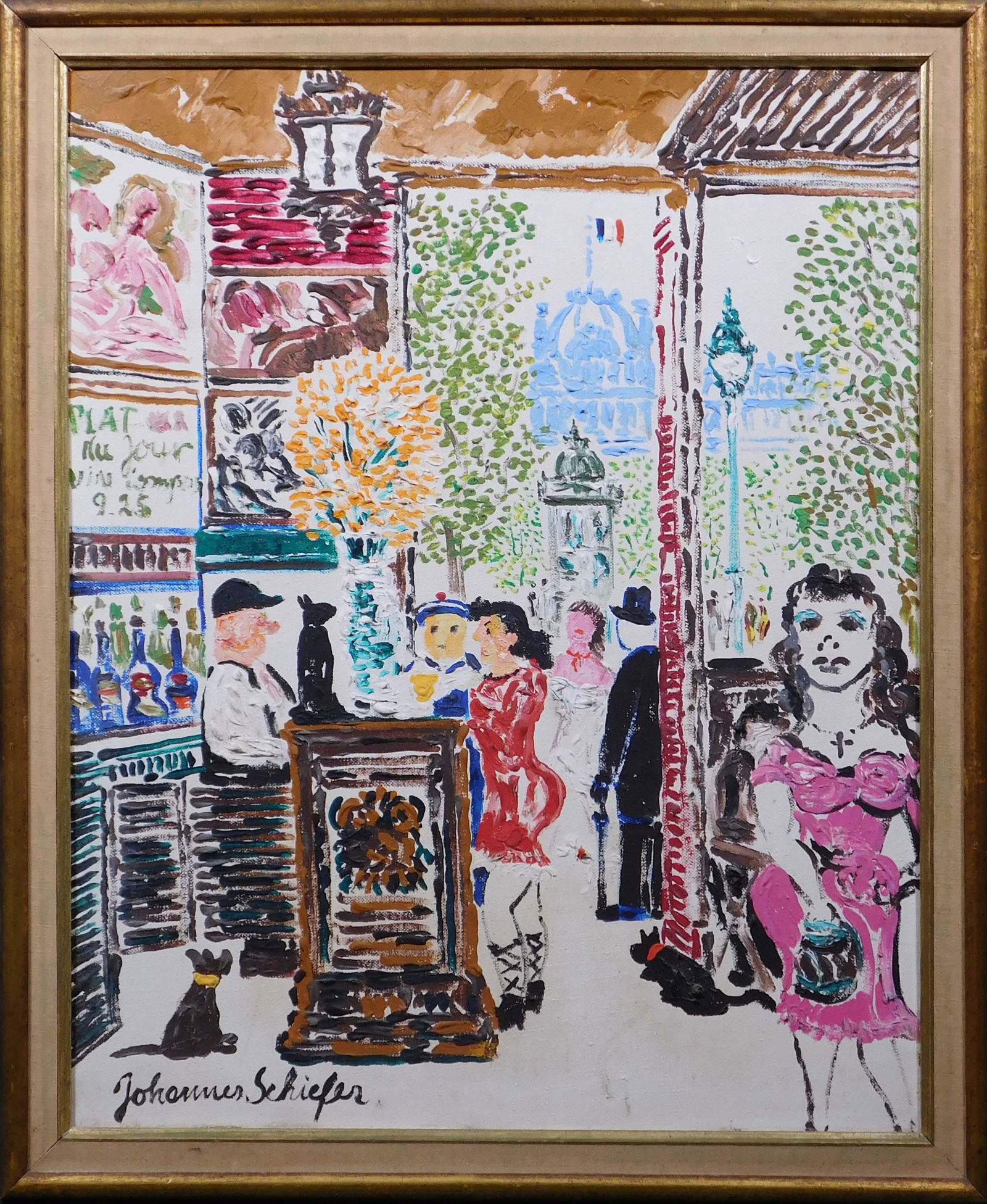 Johannes Schiefer: Street Cafe, Paris: Johannes Schiefer (Dutch, 1896 - 1979): Street Cafe, Paris. Oil on canvas board, signed lower left, framed. Johannes Schiefer is known for Modernist landscape, portrait and still life painting, museum