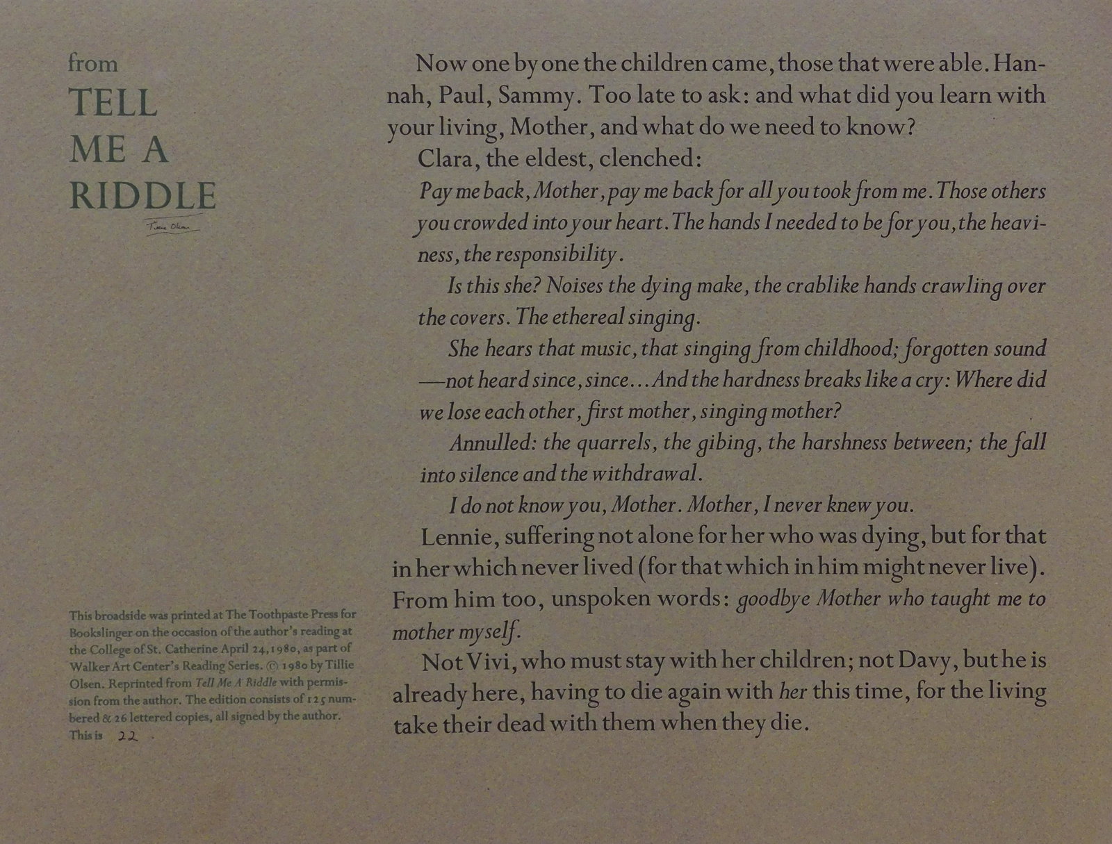 Tillie Olsen:  Tell Me A Riddle (1 of 3)