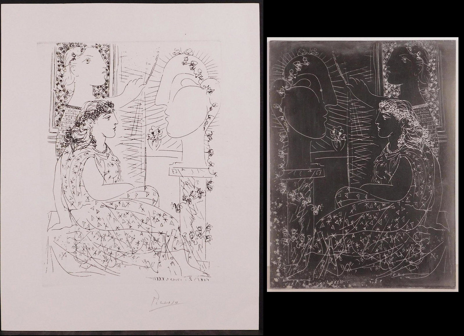 Pablo Picasso Attributed: Zinc Etching Plate and Corresponding Print Two Women Looking at a Sculpted (1 of 13)