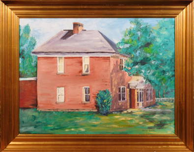 Daniel Garber, Manner of: Red Brick House: Daniel Garber (American, 1880 - 1958) Manner of/Follower of: Red Brick House. Oil on canvas board, signed lower right, framed. v 22.5 x 28.5 inches framed; 18 x 24 canvas board. Private collection, Ma