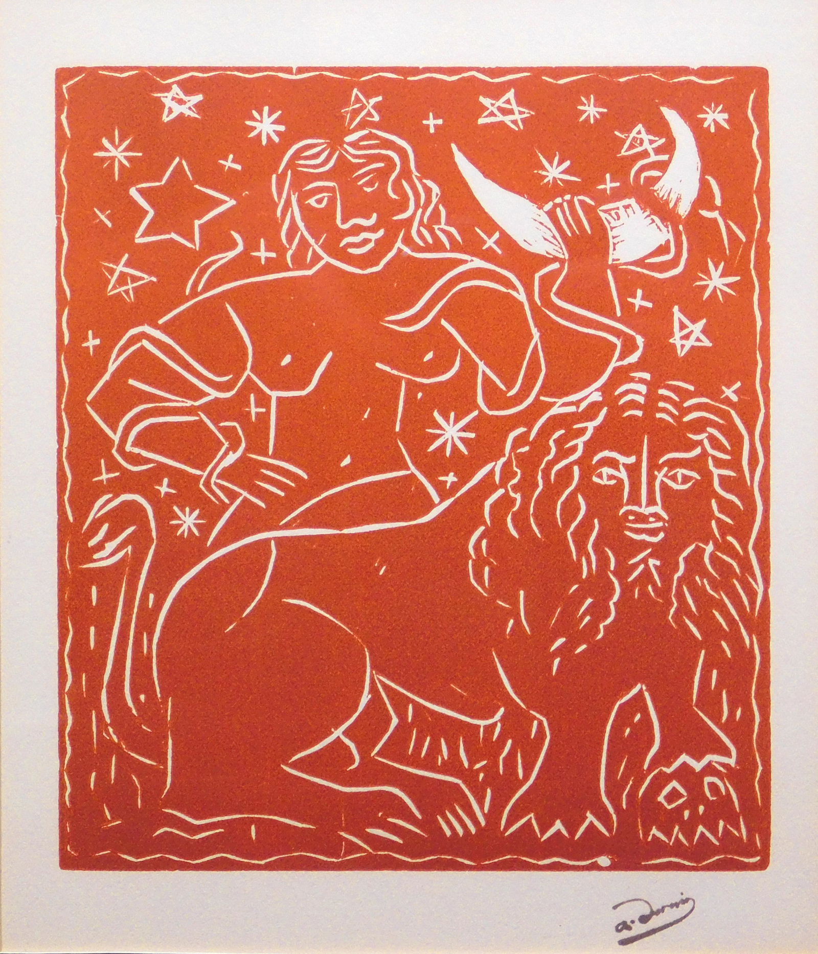 Andre Derain: Zodiac: Andre Derain (French, 1880-1954): Zodiac. Linocut on cream colored paper, stamped with artist's signature lower right, framed, label verso. Andre Derain was a French artist, painter, sculptor and co-f