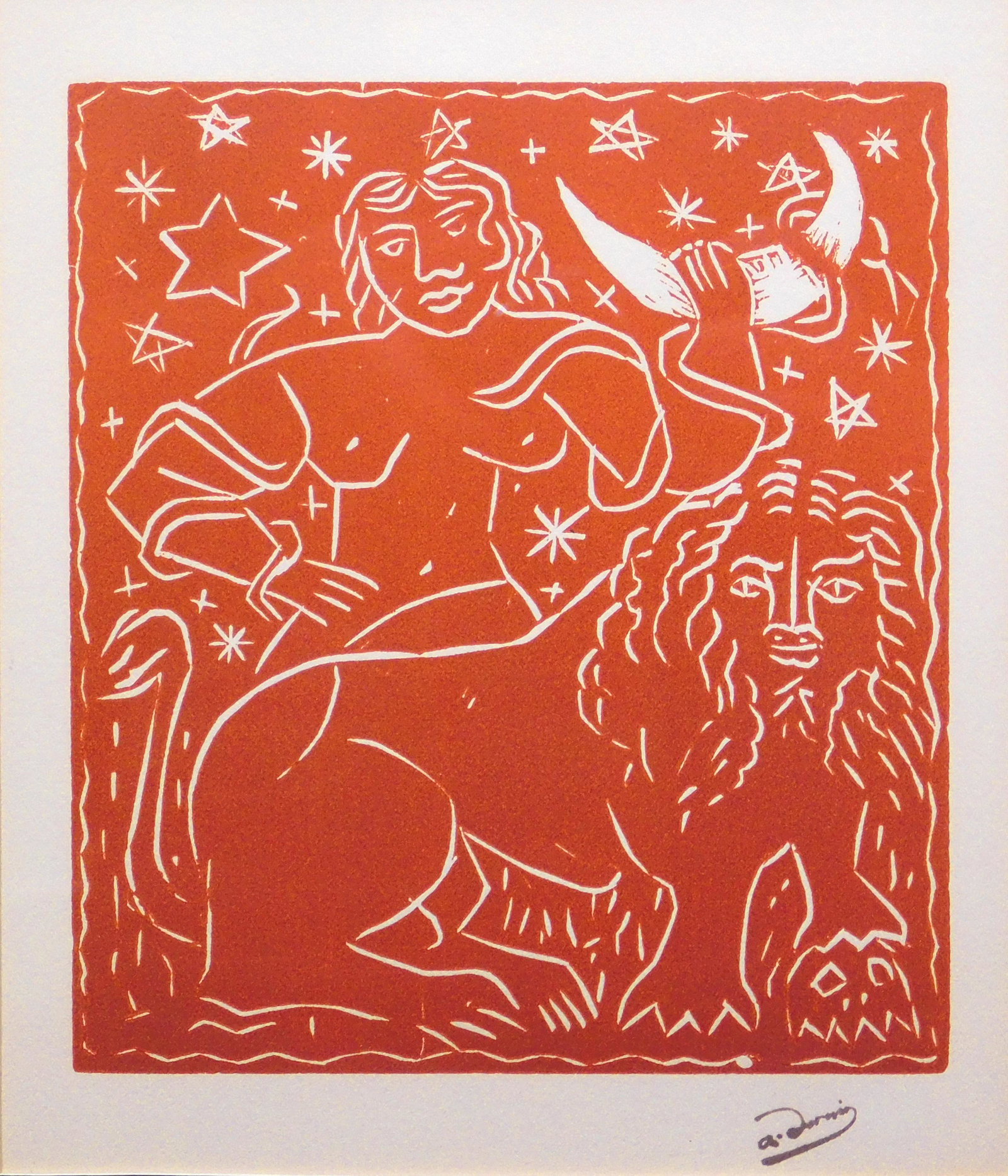 Andre Derain: Zodiac: Andre Derain (French, 1880-1954): Zodiac. Linocut on cream colored paper, stamped with artist's signature lower right, framed, label verso. Andre Derain was a French artist, painter, sculptor and co-f