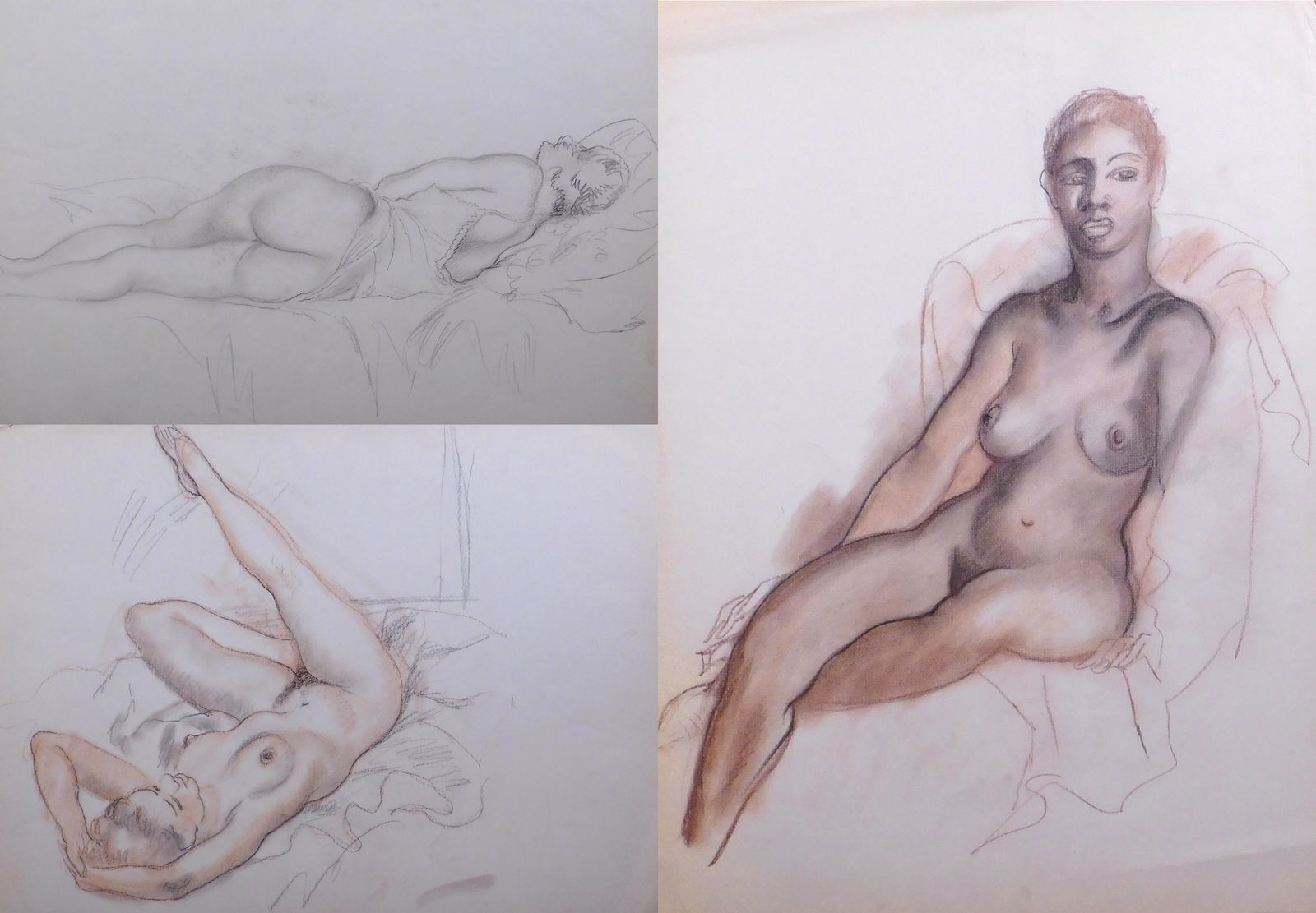 Three Nude Studies: Three Nude Studies: Graphite and conte crayon on Normandy Vellum paper, unframed. One sketch is double sided. Approx.. 19 x 20.5 inches each. North Carolina Estate, USA.