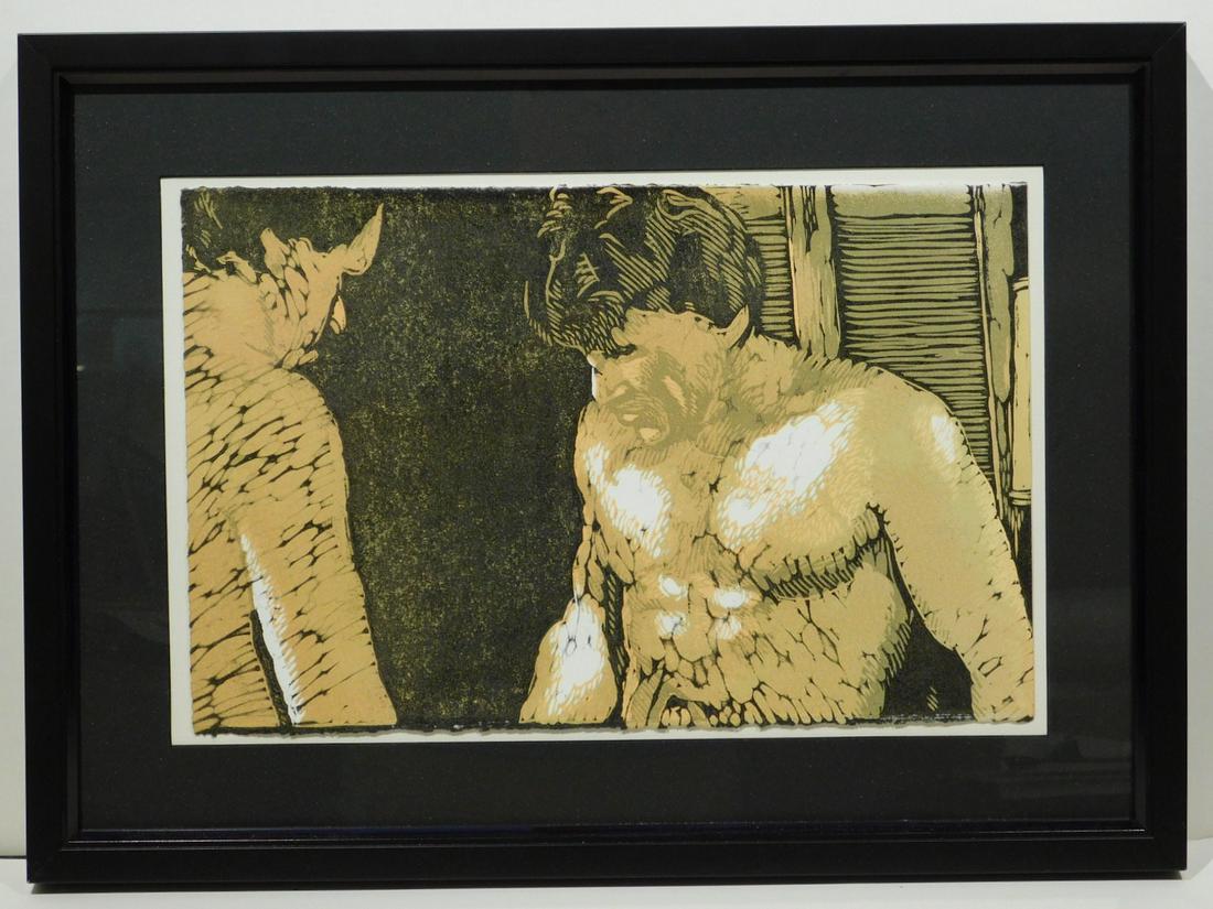Jamie Adams : Two Men in Yellow and Black: Jamie Adams (American, 20th Century): Two Men in Yellow and Black. Linocut on cold pressed paper, signed and numbered (6/25) verso, matted and framed. 15 x 20.5 inches framed; 10 x 14.75 inches paper.