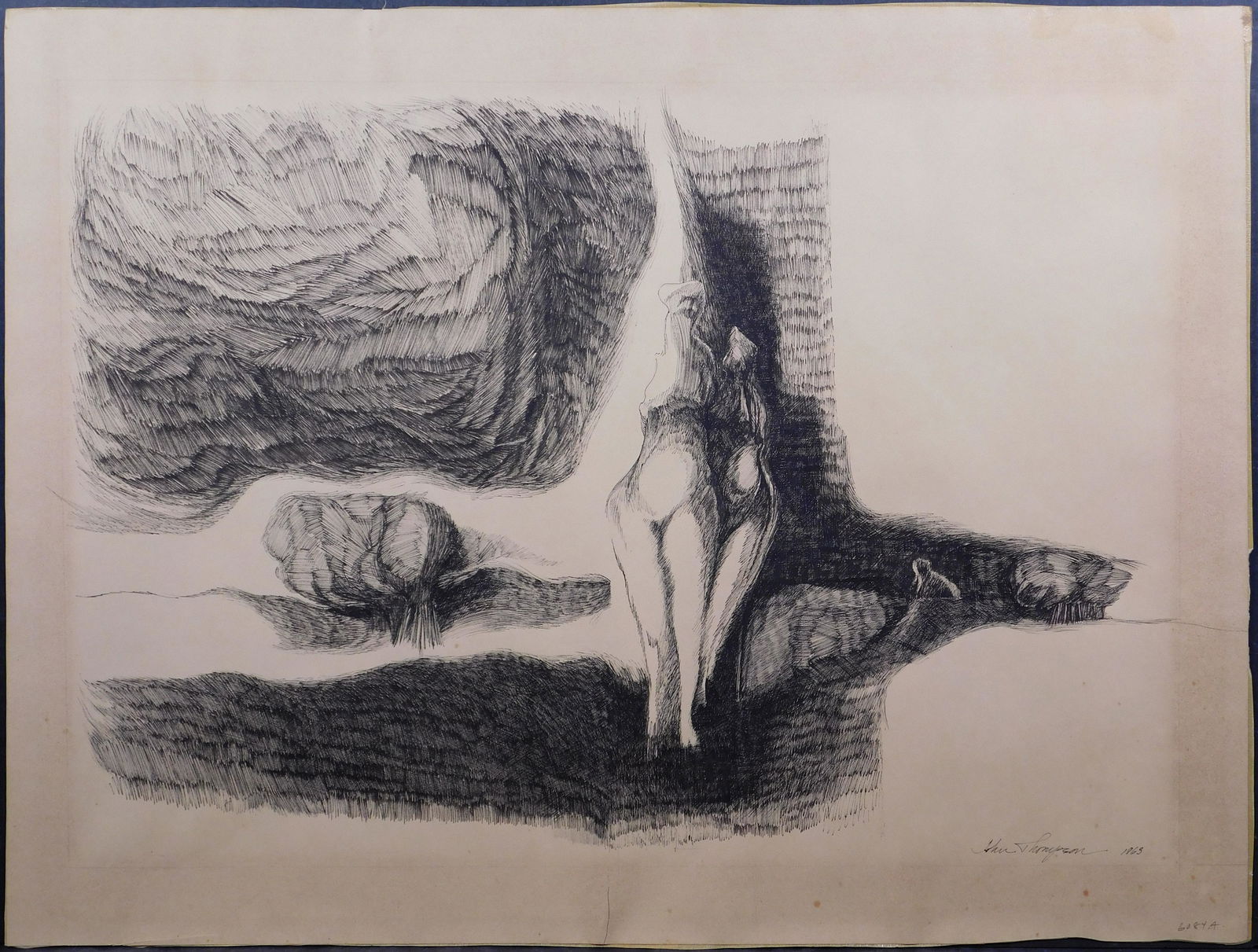 John Thompson: Three Figures with Trees: John Thompson (American, 1940- ): Three Figures with Trees, 1963. Pen and ink on paper, signed and dated lower right, unframed. John Thompson is a printmaker and teacher based out of Waltham, MA. He d