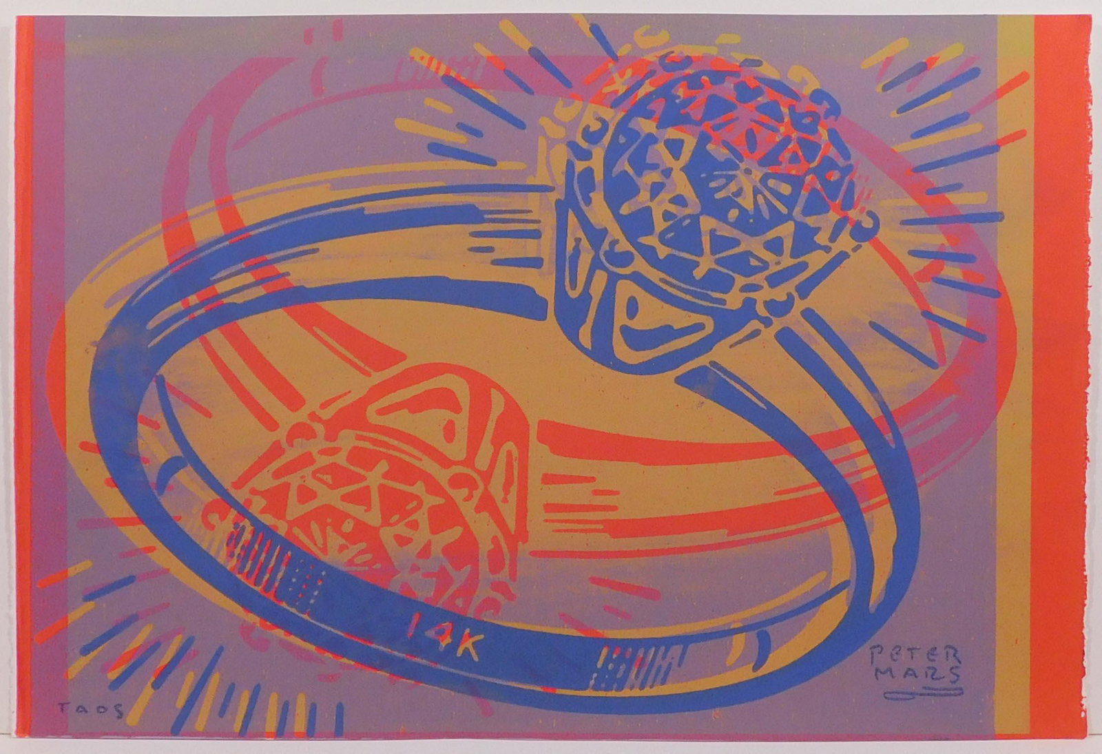 Peter Mars: Love is in the Air: Peter Mars (American, b 1959): Love is in the Air. Hand-signed Original hand-pulled serigraph/silkscreen on archival paper, depicting two diamond rings. Embossed, and counter-stamped verso. Unframed.