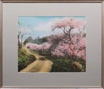 Wallace Nutting: Blossoming Tree Landscape: Wallace Nutting (American, 1861-1941): Blossoming Tree Landscape. Print, name printed lower left, framed. 14.5 x 11.75 inches sight, 22.25 x 18.75 inches framed. Private Collection, New England