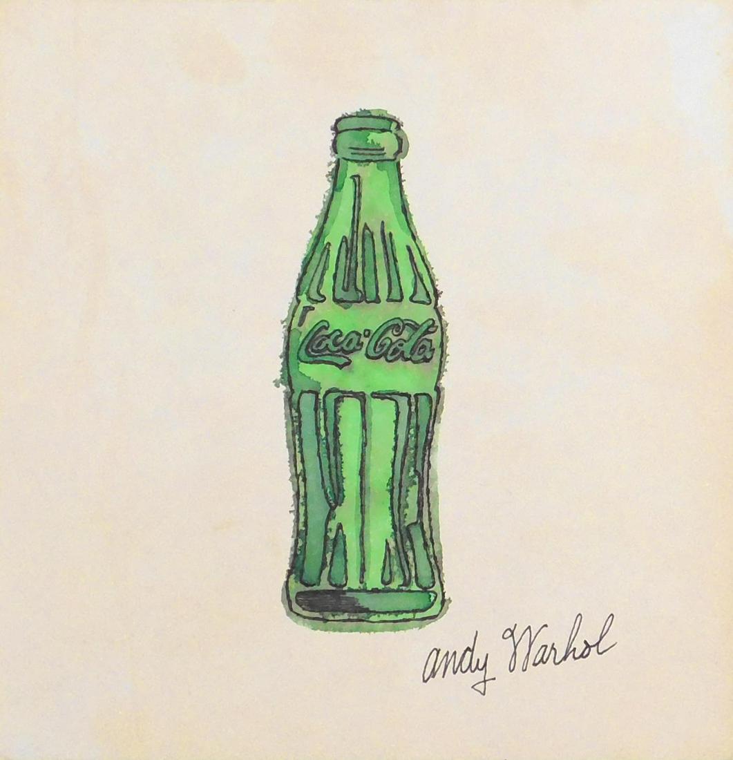 Andy Warhol, Attributed: Green Coca Cola Bottle: Andy Warhol (American, 1928-1987) Attributed: Green Coca Cola Bottle. Watercolor and ink on heavy paper, signed lower right, unframed. Andrew Warhola was an American artist, director and producer who