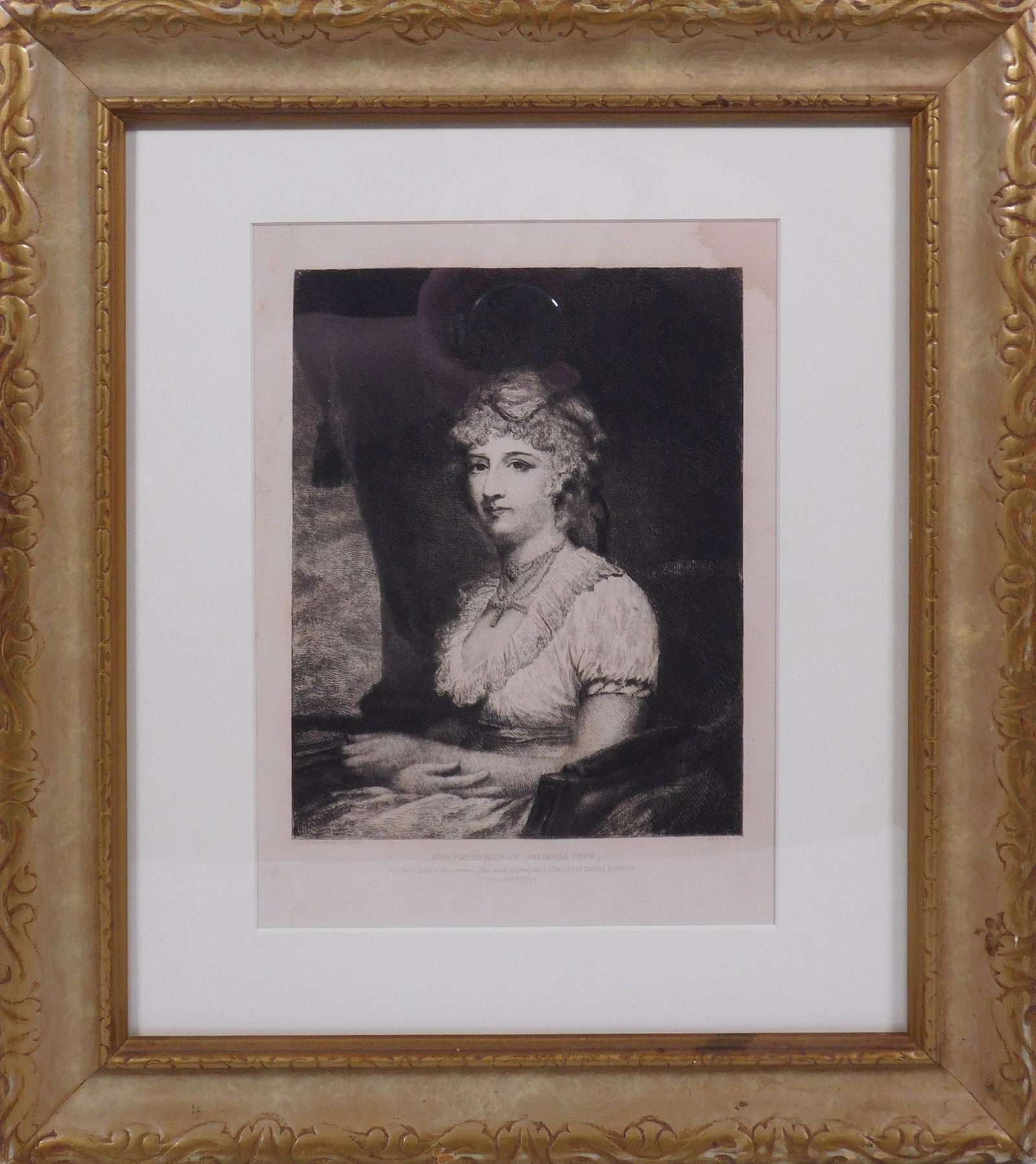 Gilbert Stuart: Mrs. Philip Nicklin: Gilbert Stuart (American, 1755-1828), printed by Stephen James Ferris (American, 1835-1915): Mrs. Philip Nicklin (Julianna Chew). Etching, painter and printer name engraved in plate, framed. 6.5 x 9 i