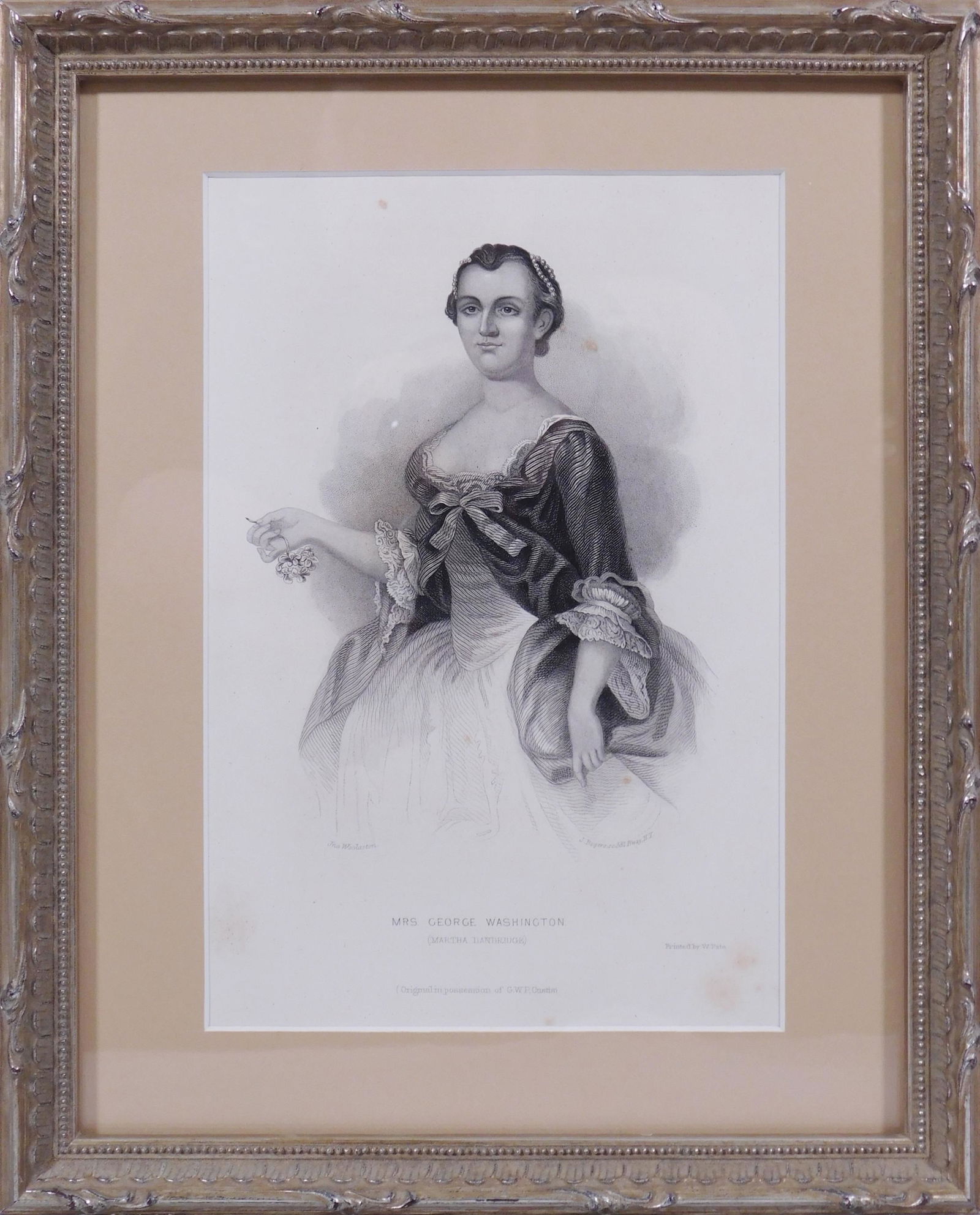 John Wollaston: Mrs. George Washington: John Wollaston (English, 1710-1775), printed by William Pate (American, active c. 1849-1865): Mrs. George Washington (Martha Dandridge). Print, painter and printer name engraved in plate, framed. 5.25