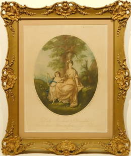 After Angelica Kauffman, engraved by Thomas Burke: Lady Rushout and Daughter: After Angelica Kauffman (Swiss, 1741-1807), engraved by Thomas Burke (British, 1749-1815): Lady Rushout and Daughter, 1784. Hand colored etching on paper, painter name lower left, printer name lower