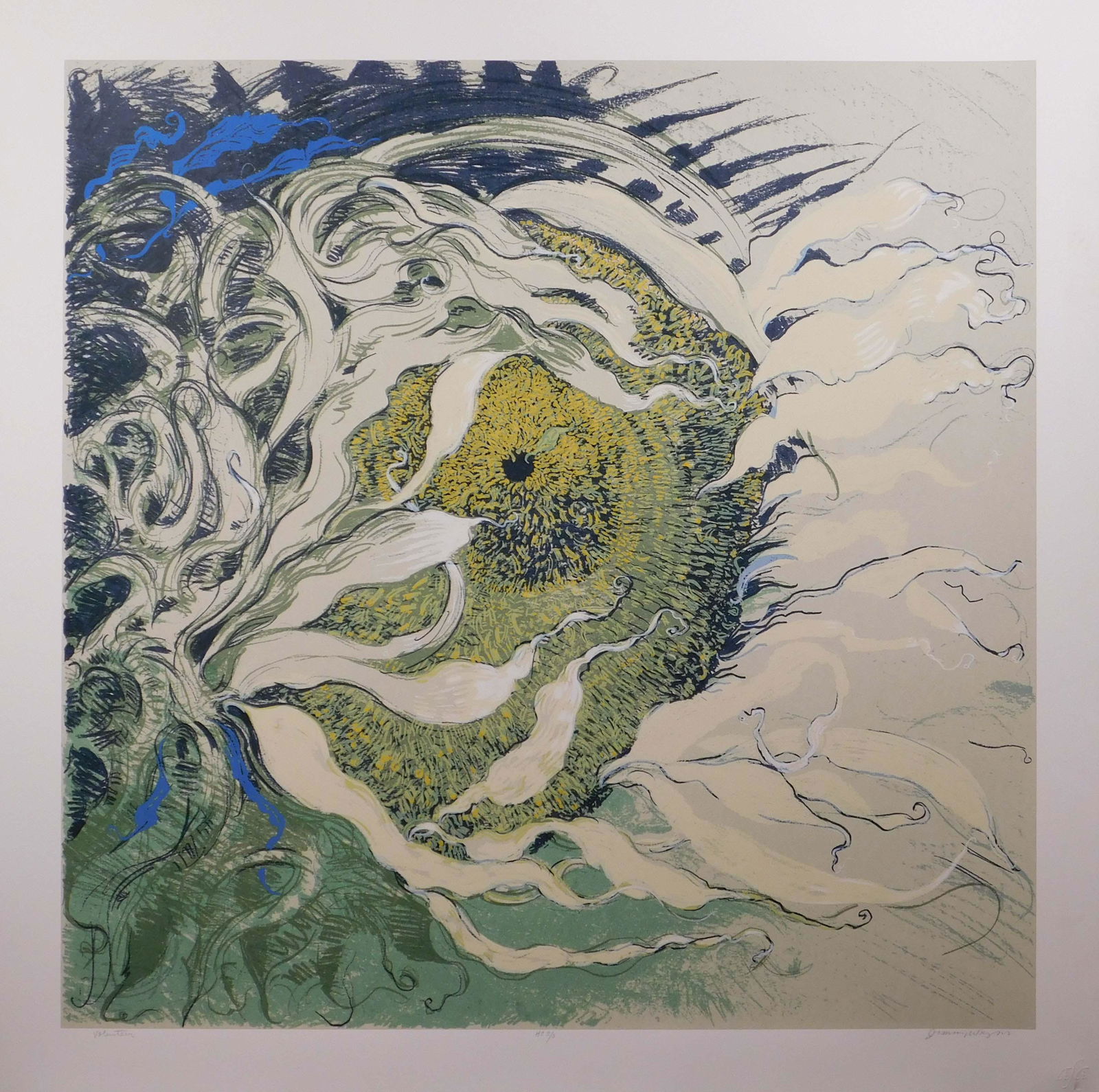 Jimmy Wright: Volunteer: Jimmy Wright (American, 20th Century): Volunteer. Screen print on heavy paper, signed, titled, and numbered in pencil below unframed. The print pictured is a different edition. 35 x 35 inches with mar