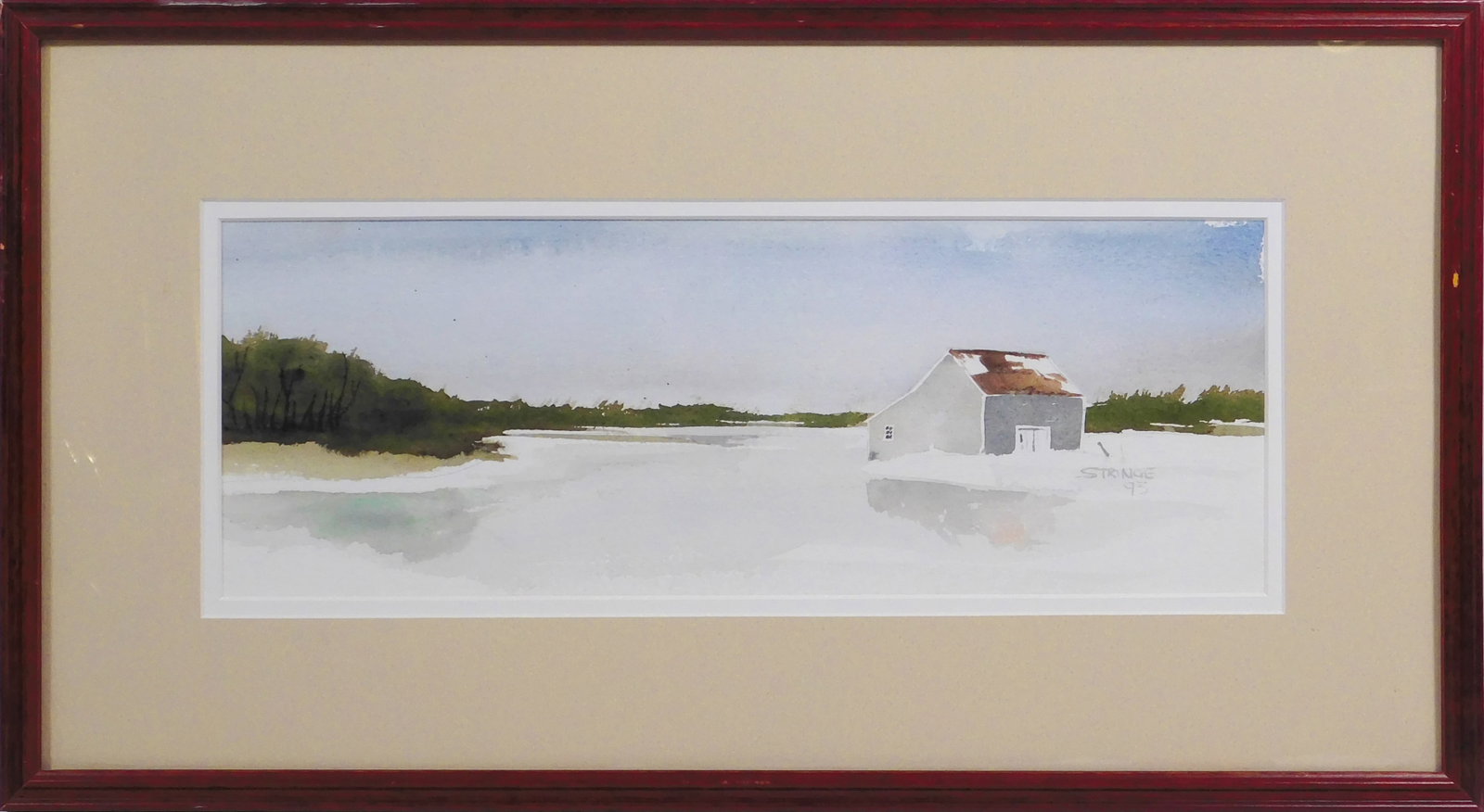 Tom Stringe: Nantucket Barn: Tom Stringe (American, 20th Century): Nantucket Barn, 1993. Watercolor on cold pressed paper, signed, framed. Tom Stringe is an American Postwar and Contemporary artist 11 x 20 inches framed; 5 x 13.7