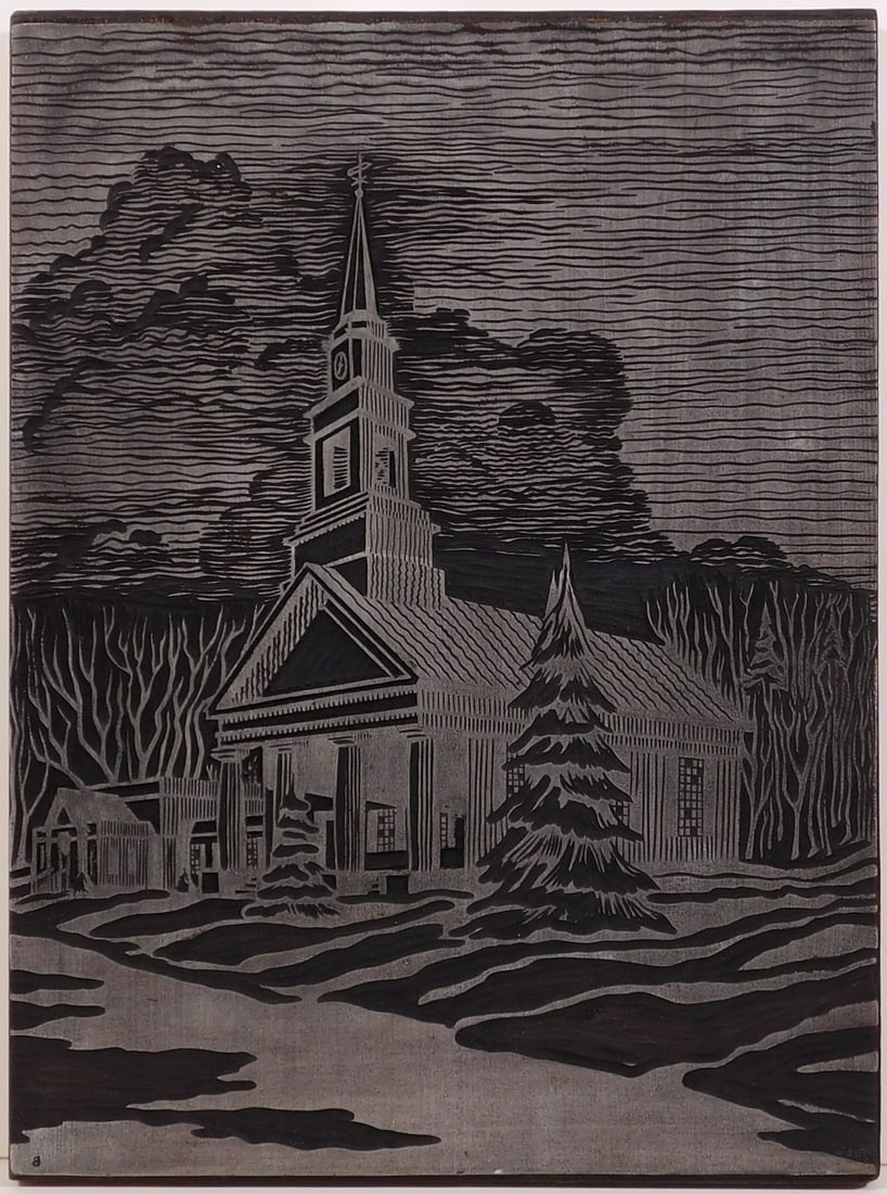 Howard Besnia: Chapel: Howard Besnia (American, 1921â€“2014): Chapel. Wood engraving panel with silver ink. Stamped verso with the artist's estate stamp. Howard Besnia was an artist and educator whose career spanned ov