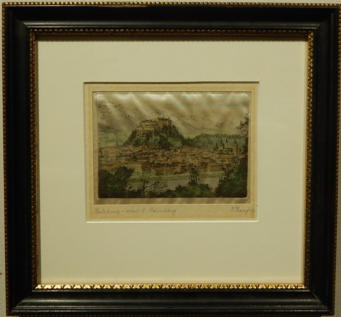 J. Raufig: Salzburg - View from Monchsberg: J. Raufig (20th Century): Salzburg - View from Monchsberg. Silk etching, signed lower right, framed. 6 x 4.75 inches sight, 11.25 x 10.5 inches framed. Private Collection, New England