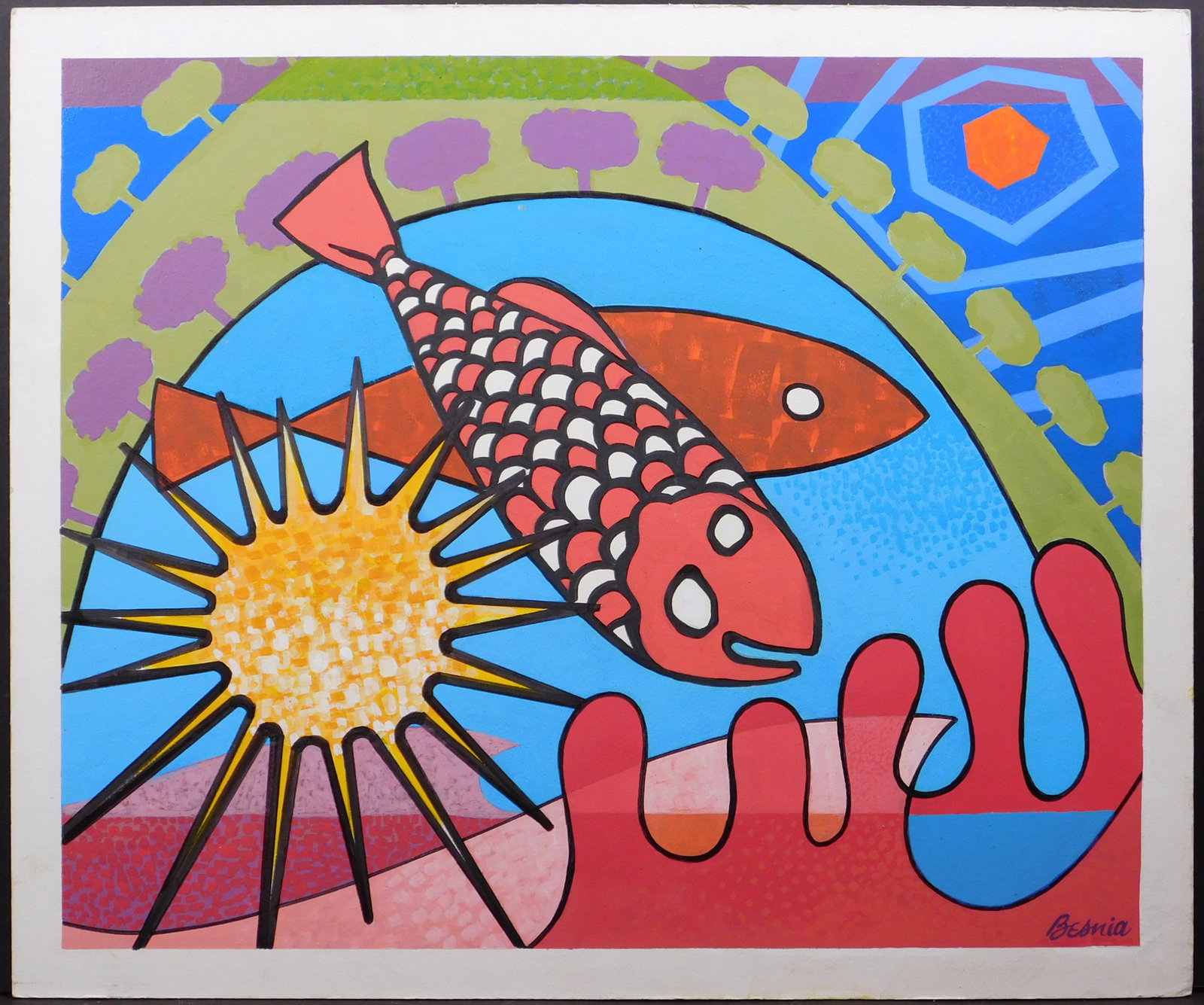 Howard Besnia: Abstract Biblical Scene with Fish: Howard Besnia (American, 1921â€“2014): Abstract Biblical Scene with Fish. Acrylic on Academy Board. Signed lower right. Unframed. Howard Besnia was an artist and educator whose career spanned ove