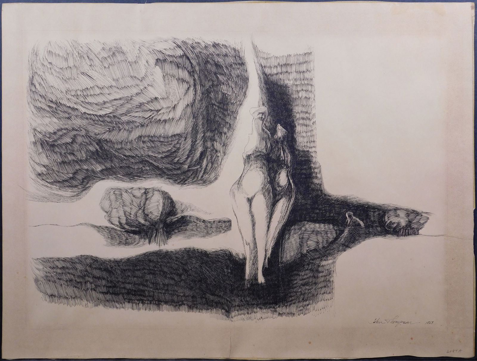 John Thompson: Three Figures with Trees: John Thompson (American, 1940- ): Three Figures with Trees, 1963. Pen and ink on paper, signed and dated lower right, unframed. John Thompson is a printmaker and teacher based out of Waltham, MA. He d