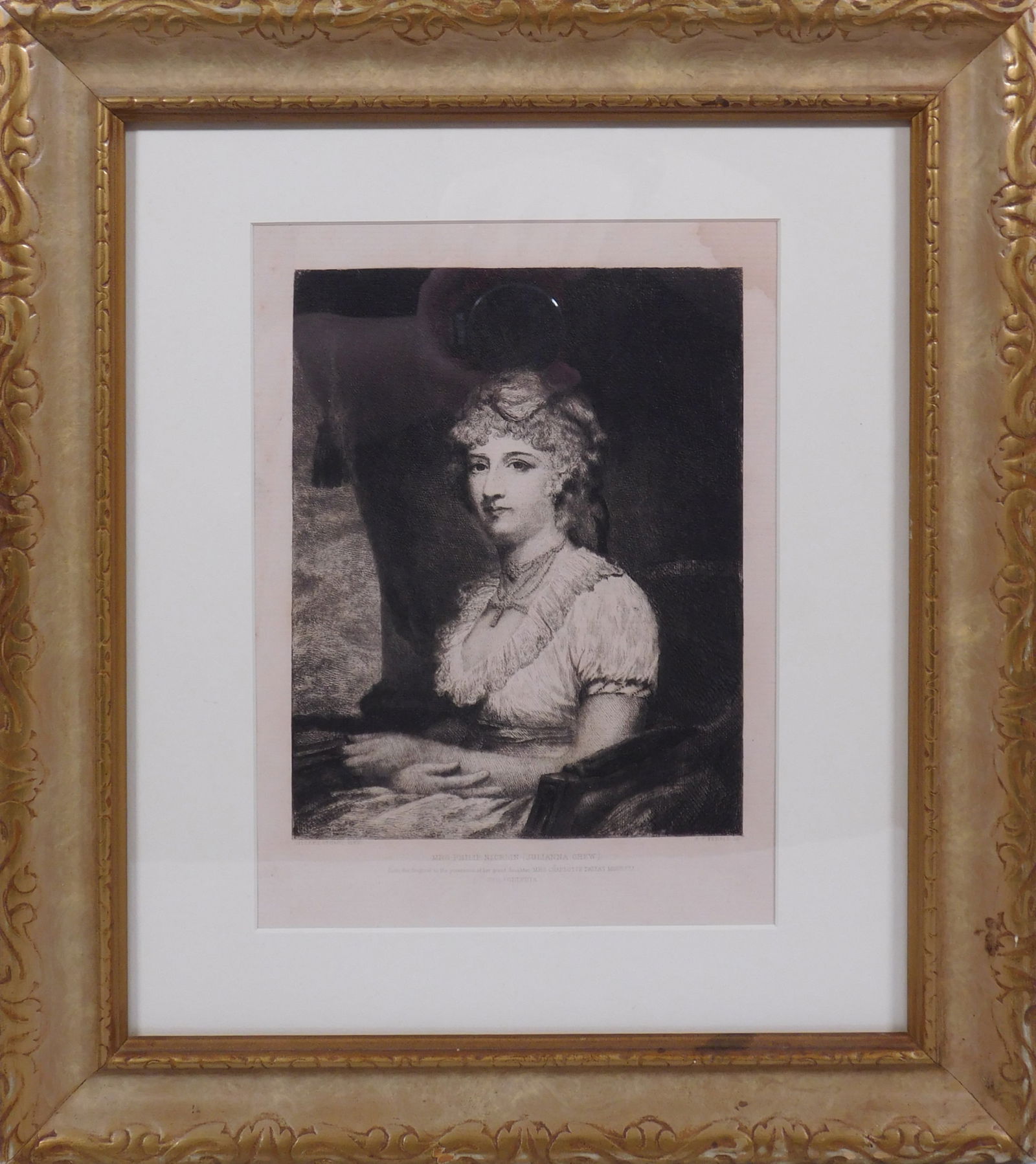 Gilbert Stuart: Mrs. Philip Nicklin: Gilbert Stuart (American, 1755-1828), printed by Stephen James Ferris (American, 1835-1915): Mrs. Philip Nicklin (Julianna Chew). Etching, painter and printer name engraved in plate, framed. 6.5 x 9 i