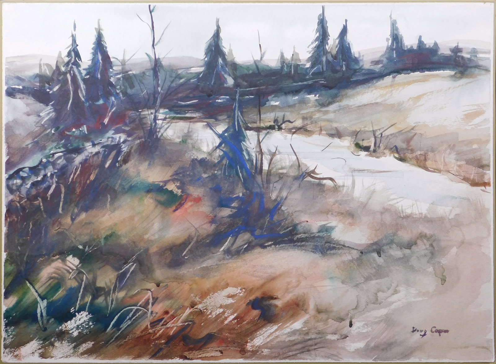 Doug Couper: Impressionist Maine Landscape: Doug Couper (American, 20th Century): Impressionist Maine Landscape. Watercolor on cold pressed paper mounted to mat board, unframed. 22 x 30.5 inches matboard Private collection, New England, USA.