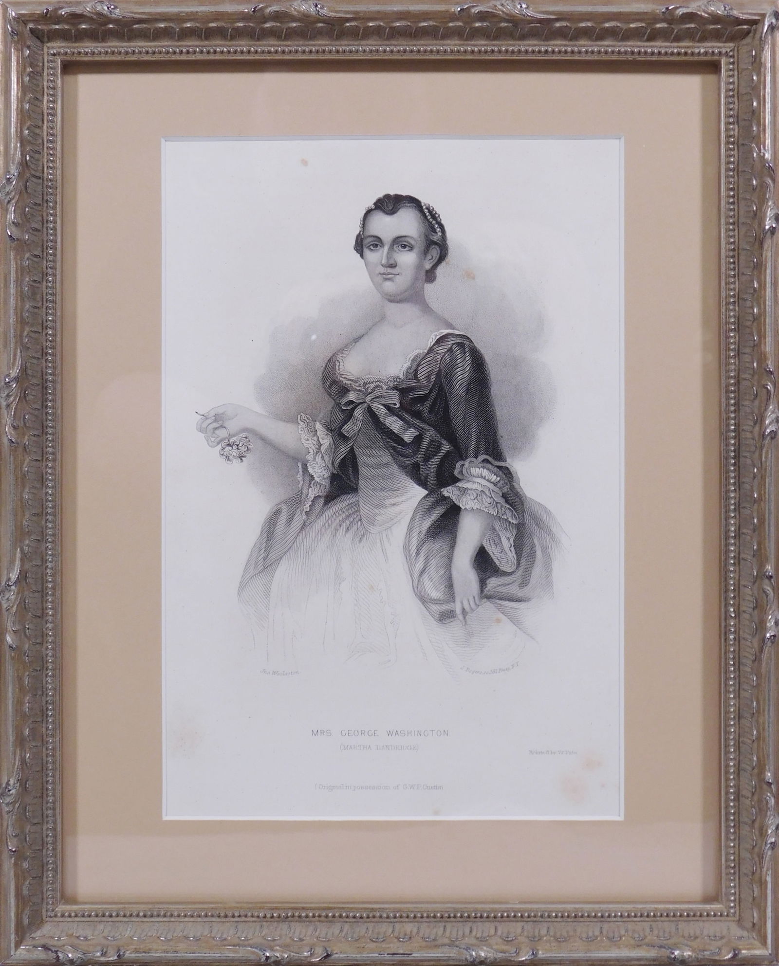John Wollaston: Mrs. George Washington: John Wollaston (English, 1710-1775), printed by William Pate (American, active c. 1849-1865): Mrs. George Washington (Martha Dandridge). Print, painter and printer name engraved in plate, framed. 5.25