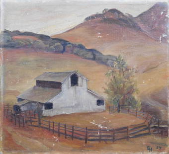 Ejnar Hansen: Farm Landscape: Ejnar Hansen (Danish/American, 1884-1965): Farm Landscape, 1934. Oil on canvas mounted to masonite, signed and dated lower right, unframed. Born into poverty in Copenhagen, Denmark, he was raised on a