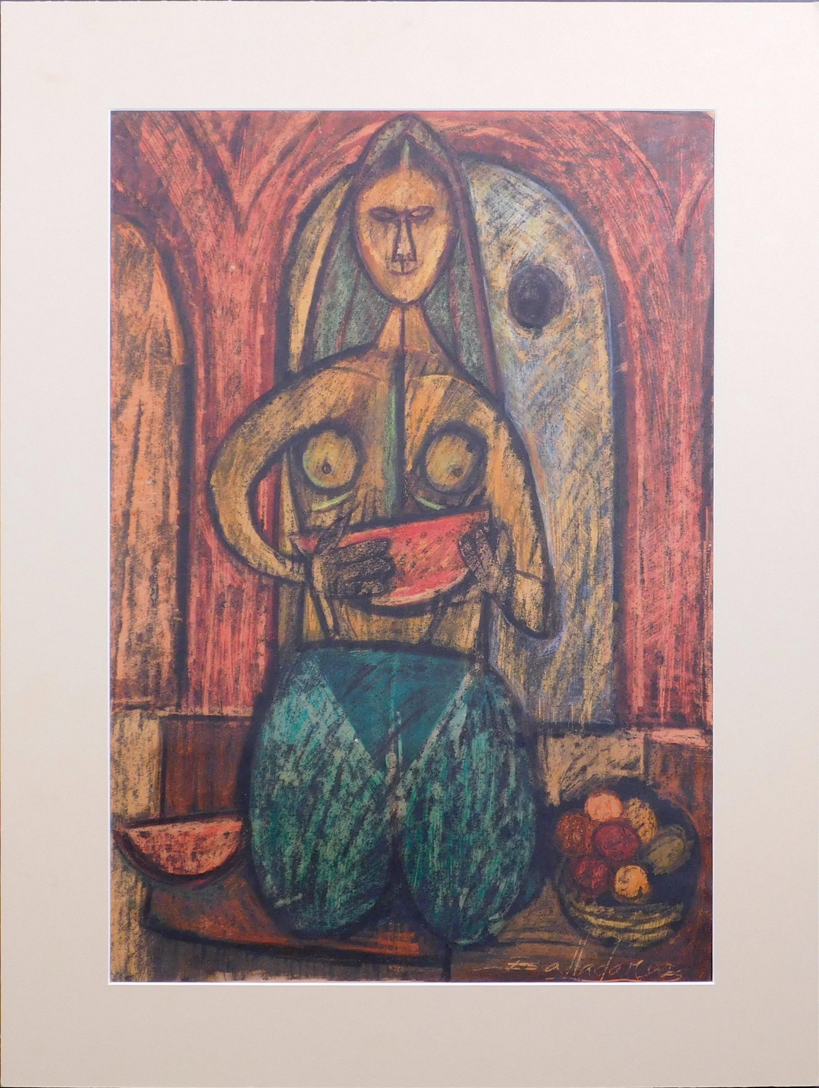 Balladares : Woman with Watermelon: Balladares (Mexican, 20th Century): Woman with Watermelon. Oil pastel on paper, signed lower right, mounted to mat board. 24 x 18 inches with mat; 19.25 x 13.25 inches paper. Private Collection, Mexic