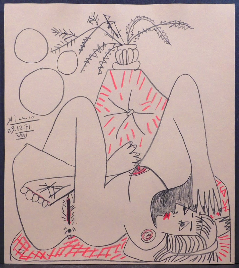 Pablo Picasso, attributed: Femme avec Plante: Pablo Picasso (Spanish, 1881-1973) attributed/manner of: Femme avec Plante. Pen and crayon on paper, signed, and dated (23.12.71 VIII), unframed. Picasso was the most dominant and influential artist o