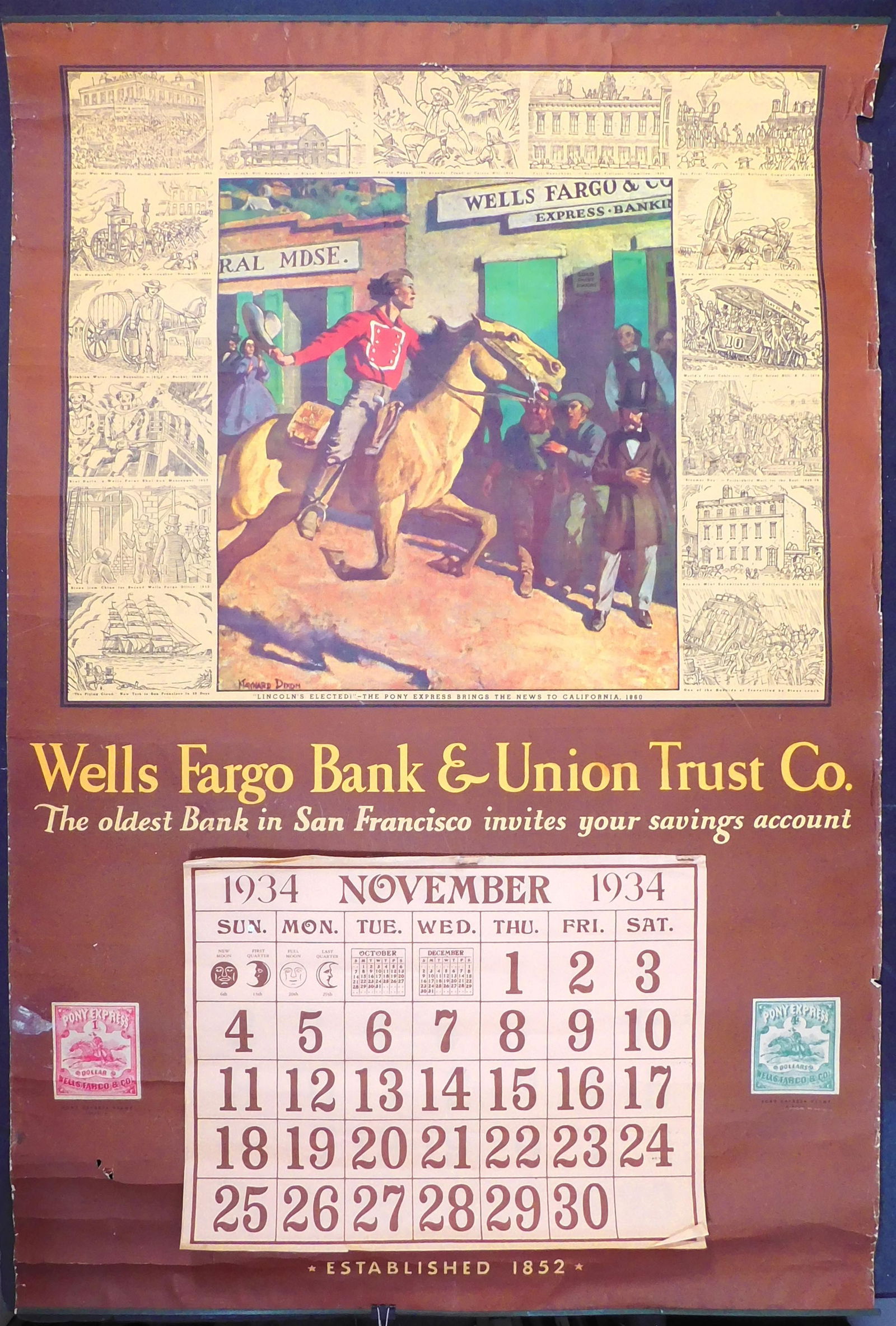 Wells Fargo National Bank Maynard Dixon Calendar: Wells Fargo National Bank Maynard Dixon Calendar (rolled) 1934. Printed on paper. After spending his youth on a ranch in Fresno, California , Maynard Dixon (American, 1875-1946) headed east to documen