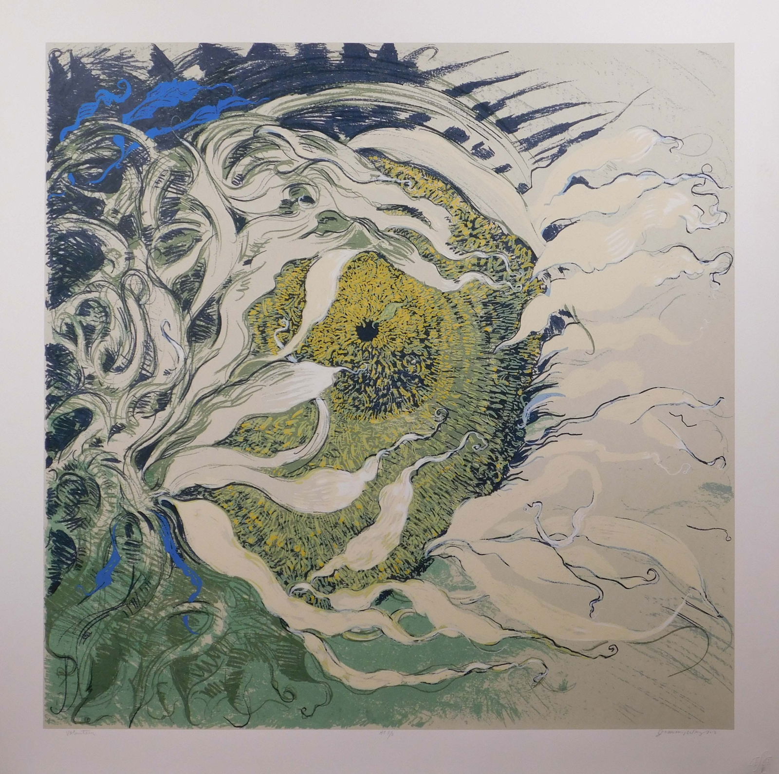 Jimmy Wright: Volunteer: Jimmy Wright (American, 20th Century): Volunteer. Screen print on heavy paper, signed, titled, and numbered in pencil below unframed. The print pictured is a different edition. 35 x 35 inches with mar