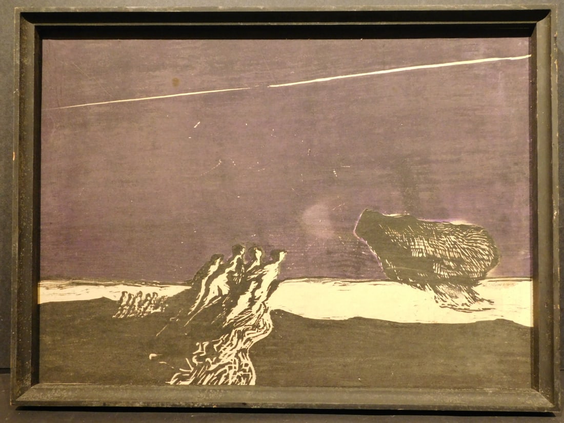 John Thompson: Woodcut Landscape: John Thompson (American, 1940- ) Untitled (Purple and Black Abstract Landscape), woodcut on paper laid to canvas, dated 1963 on back. Framed. John Thompson is a printmaker and teacher based out of Wal