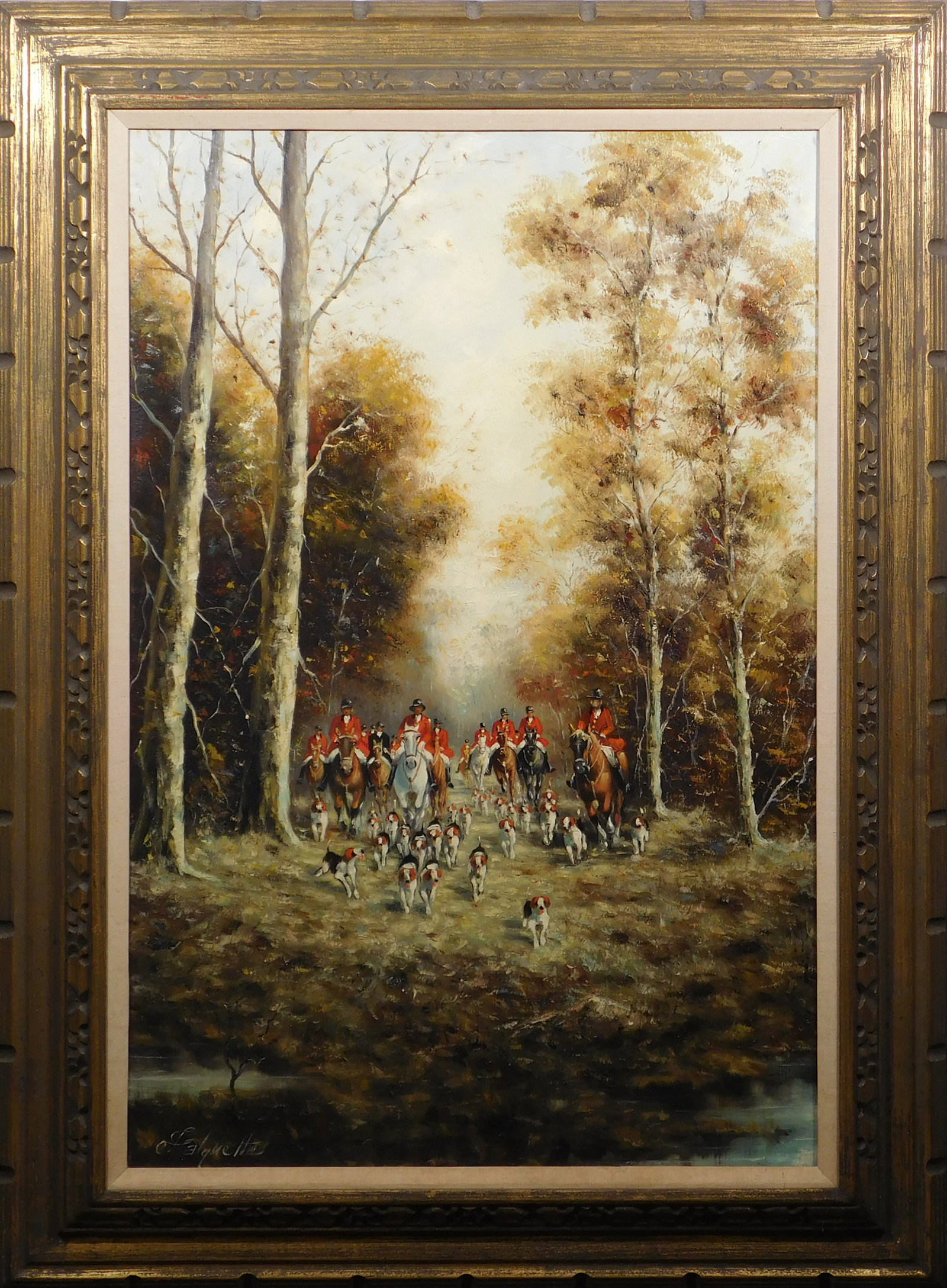 Maurice Falquette: Fox Run: Maurice Falquette (Belgian B. 1926): Fox Run, 1969. Oil on canvas, signed lower left, framed, dated on the stretcher bar. A group of riders on horseback dressed in formal hunting attire, following the